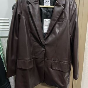 Zara Brown Faux Leather Blazer